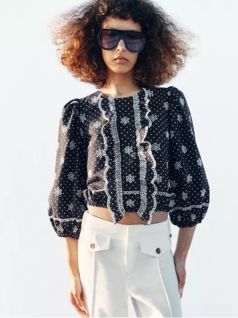 NWT Zara Woman EMBROIDERED PERFORATED POLKA DOT BLOUSE Top Size L Large